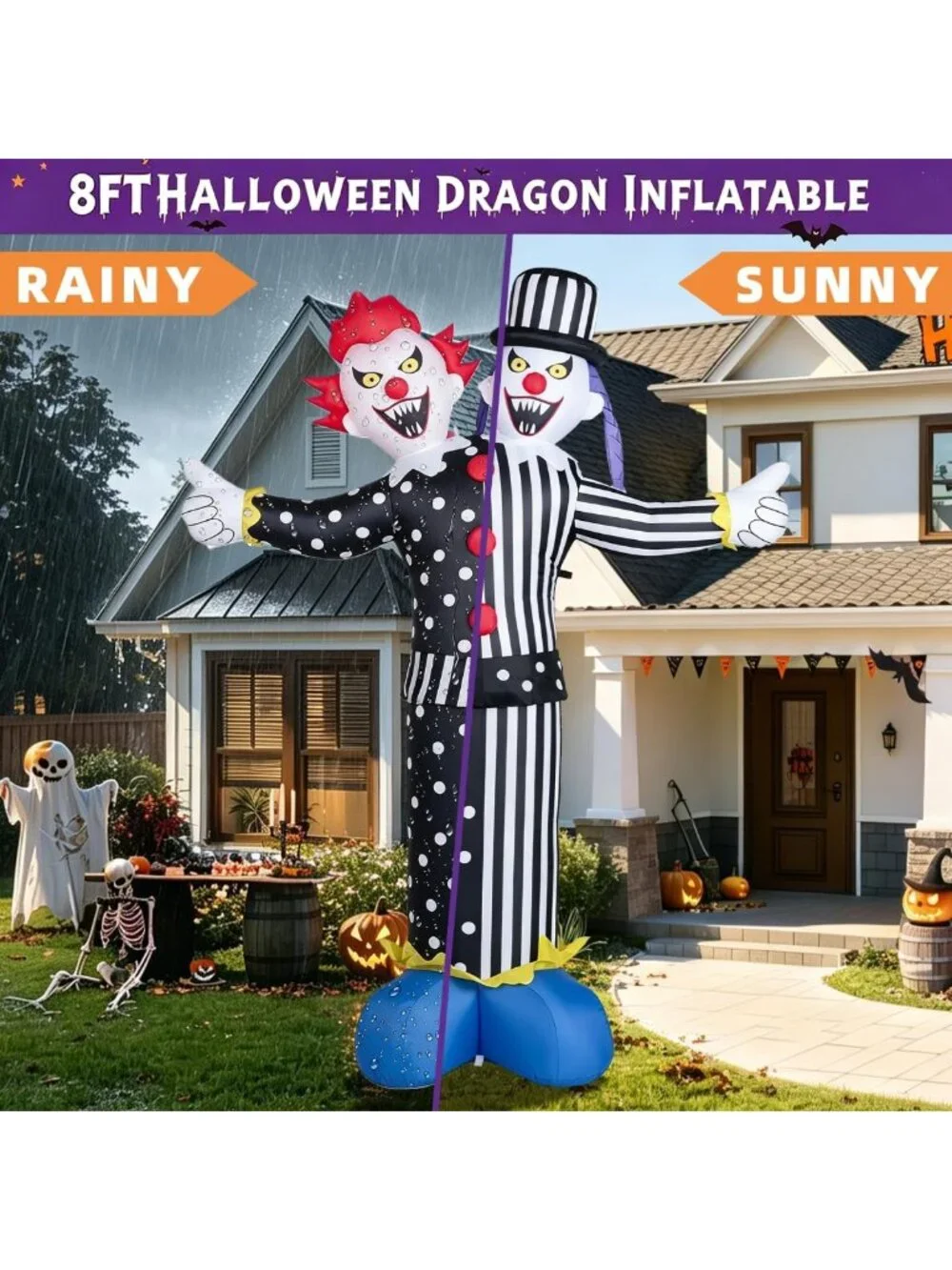 8FT Halloween Inflatable Clown with LED Lights - Outdoor Yard Blow-Up Decor